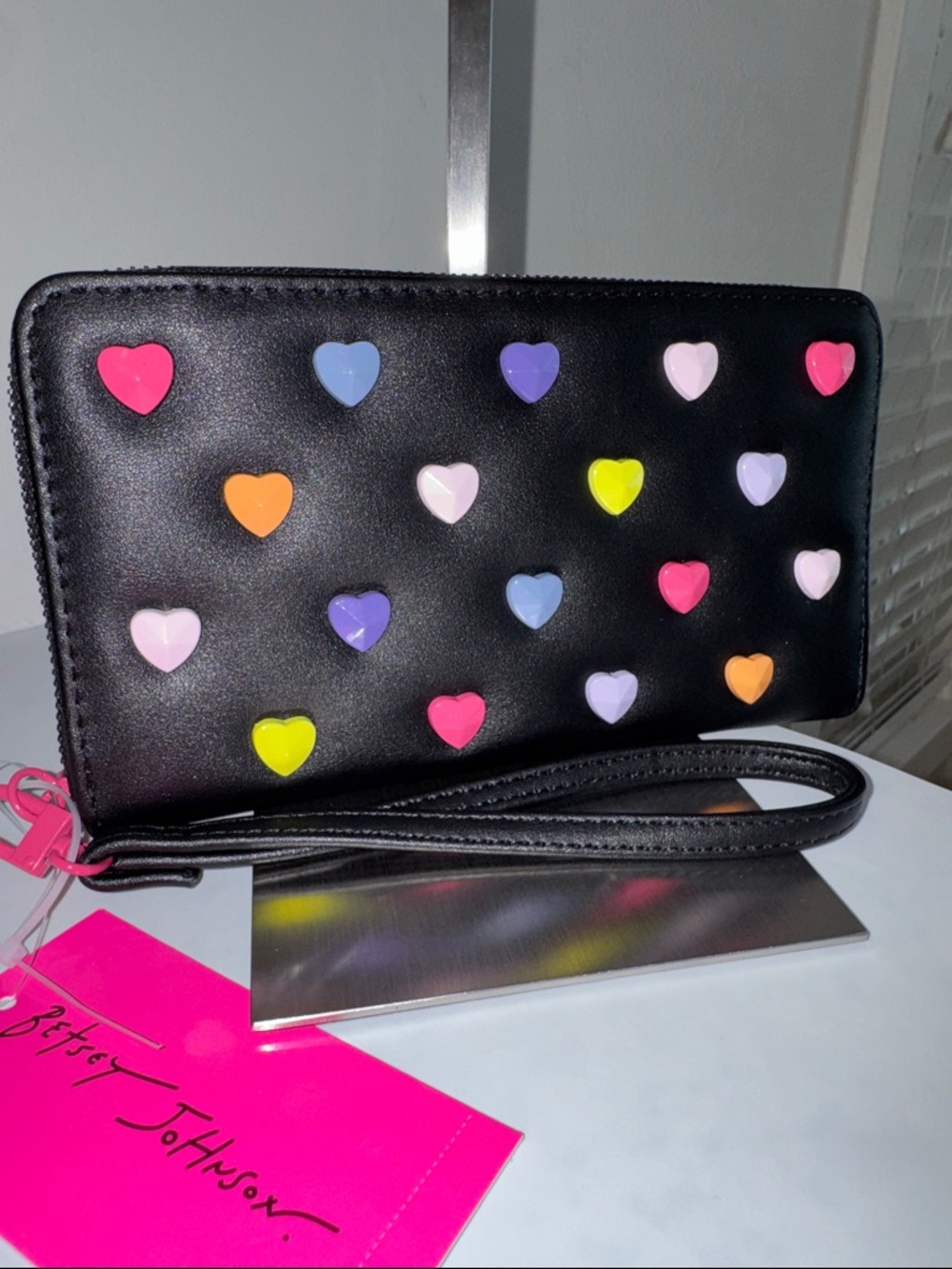Betsey Johnson Black Wristlet Clutch with Multicolor Heart Studs
